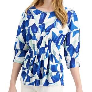 Alfani Abstract Geometric Cinched Waist Blouse in Blue Multi